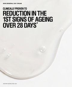 A clean white skincare graphic with large black text reading 'CLINICALLY PROVEN TO REDUCTION IN THE 1ST SIGNS OF AGEING OVER 28 DAYS*' and smaller text 'SKIN RENEWAL DAY CREAM' at the top. A glossy translucent cream smear dominates the right and lower portion of the frame, with a few water droplets visible.