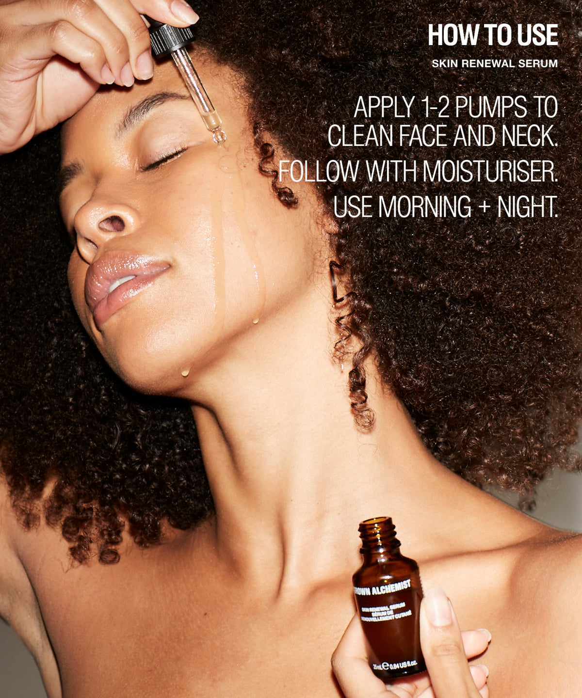 A woman with closed eyes applies a serum dropper to her face while holding the bottle, with white text on the right reading 'HOW TO USE SKIN RENEWAL SERUM' and application instructions.