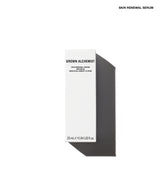 A tall, slim white skincare bottle labeled 'GROWN ALCHEMIST' and 'SKIN RENEWAL SERUM' on a clean white background with a dark gray shadow cast to the right.