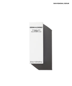 A tall, slim white skincare bottle labeled 'GROWN ALCHEMIST' and 'SKIN RENEWAL SERUM' on a clean white background with a dark gray shadow cast to the right.