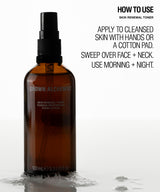 An amber glass spray bottle labeled GROWN ALCHEMIST Skin Renewal Toner with a black pump, shown on a white background with instructional text on the right.