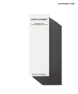 A tall, minimalist white rectangular box for Grown Alchemist Skin Renewal Toner, shown on a clean white background with a sharp dark shadow to the right. The box features black text including the brand name 'GROWN ALCHEMIST' and product name 'SKIN RENEWAL TONER'.