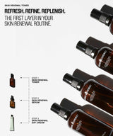 A skincare marketing graphic for Skin Renewal Toner. The image features several amber glass bottles of the product arranged diagonally on the right side, with text reading 'REFRESH. REFINE. REPLENISH.