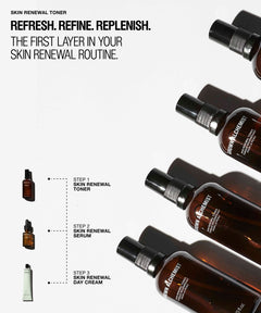 A skincare marketing graphic for Skin Renewal Toner. The image features several amber glass bottles of the product arranged diagonally on the right side, with text reading 'REFRESH. REFINE. REPLENISH.