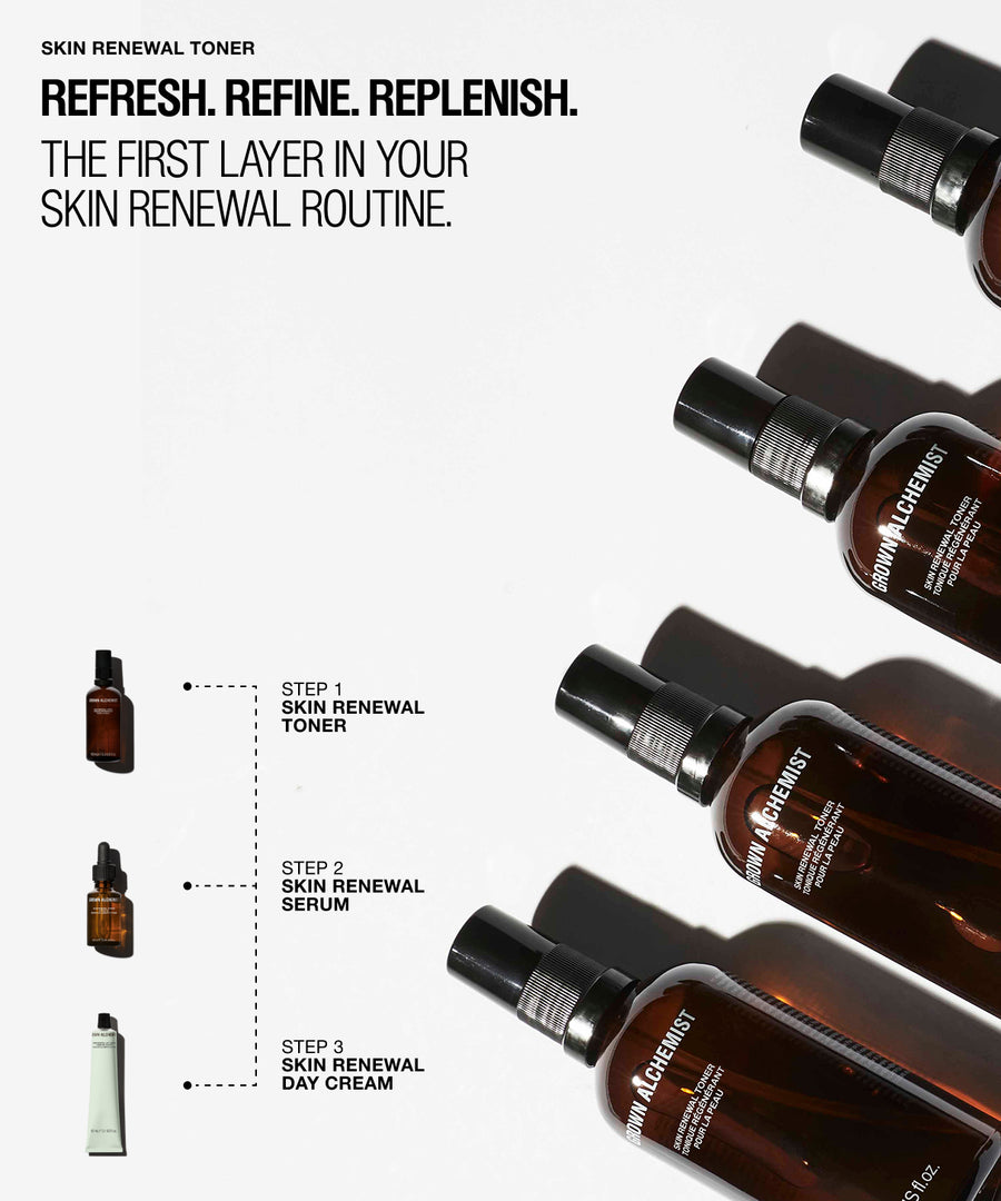 A skincare marketing graphic for Skin Renewal Toner. The image features several amber glass bottles of the product arranged diagonally on the right side, with text reading 'REFRESH. REFINE. REPLENISH.