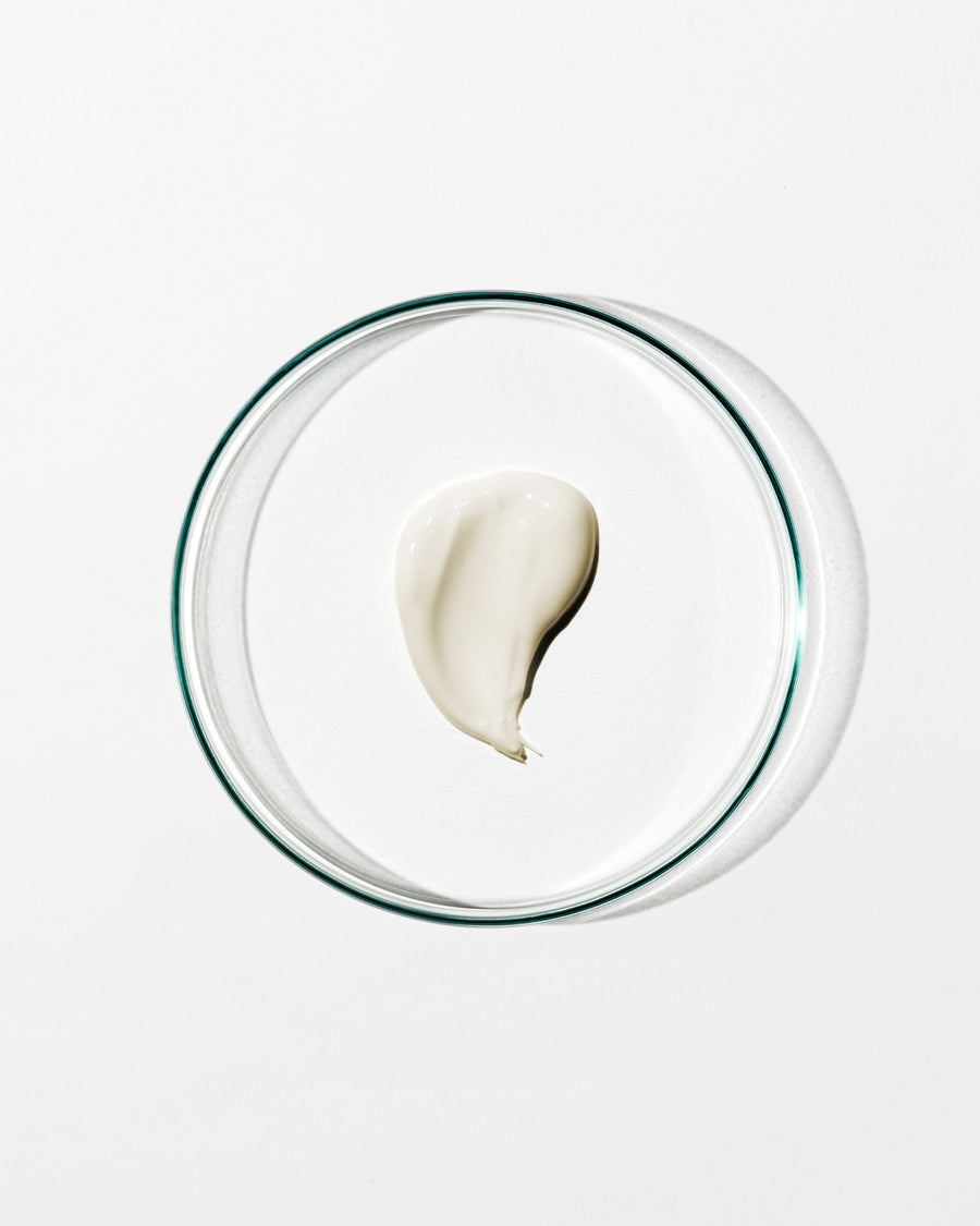 Glass bowl with a single scoop of white cream on a light gray background