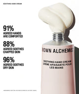 A cosmetic product shot of a pale pink tube of Grown Alchemist Soothing Hand Cream with a dollop of thick off-white cream on top, set against a white background with black text listing product benefits.