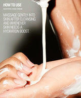 Close-up of a hand receiving a thick white cream being poured from above, with overlaid text reading 'HOW TO USE RESTORATIVE HAND CREAM' and additional usage instructions.