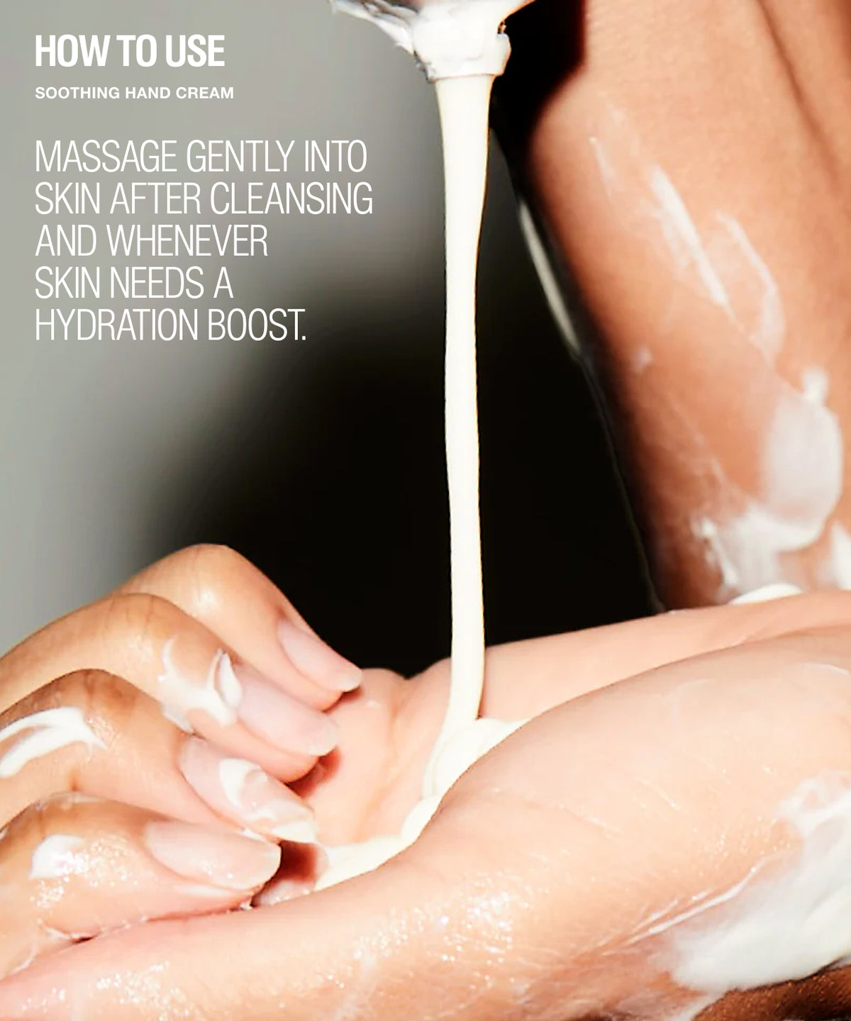 Close-up of a hand receiving a thick white cream being poured from above, with overlaid text reading 'HOW TO USE RESTORATIVE HAND CREAM' and additional usage instructions.