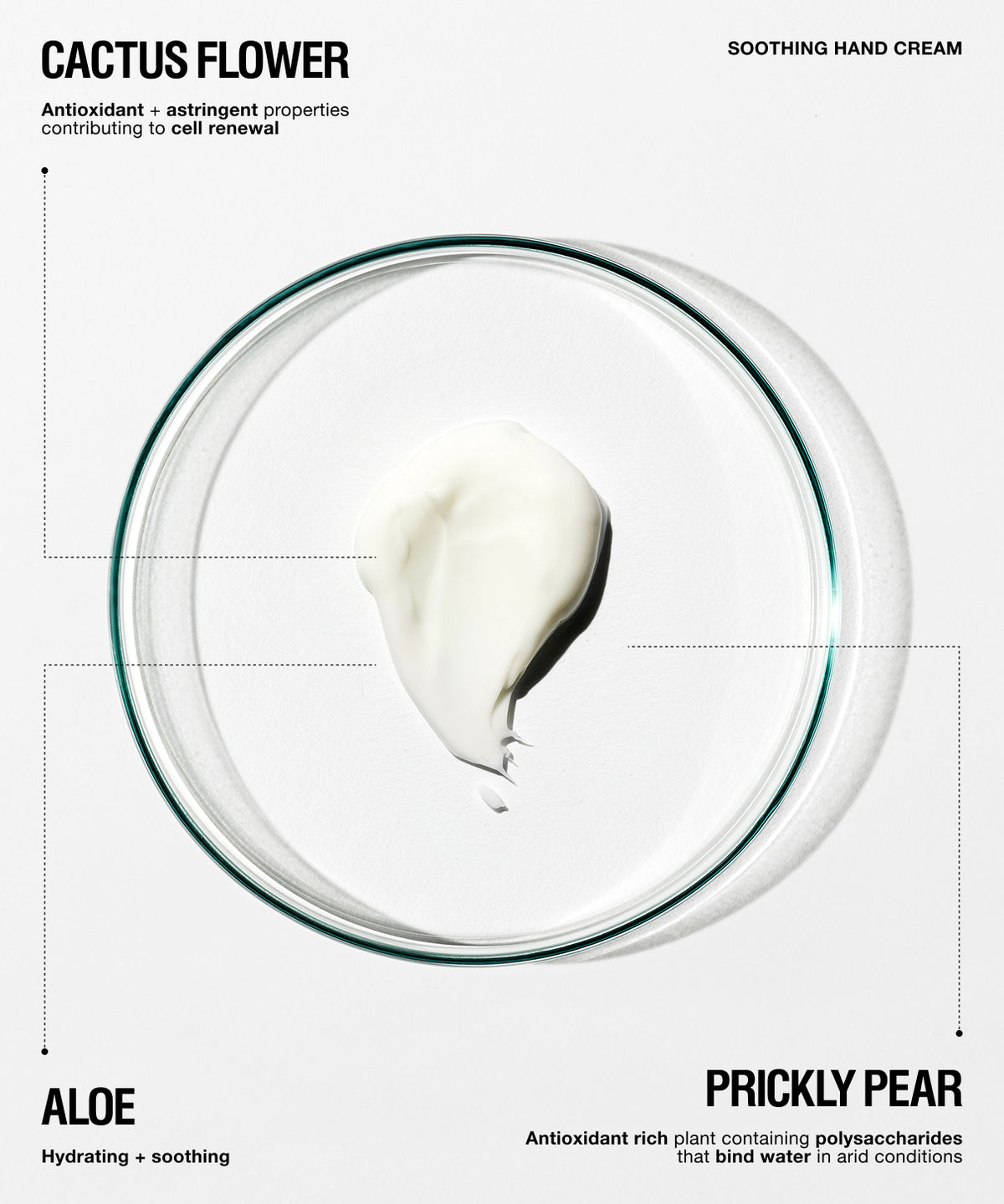 A clean, minimalist graphic for a hand cream product. It features a central clear petri dish containing a dollop of thick, white hand cream.