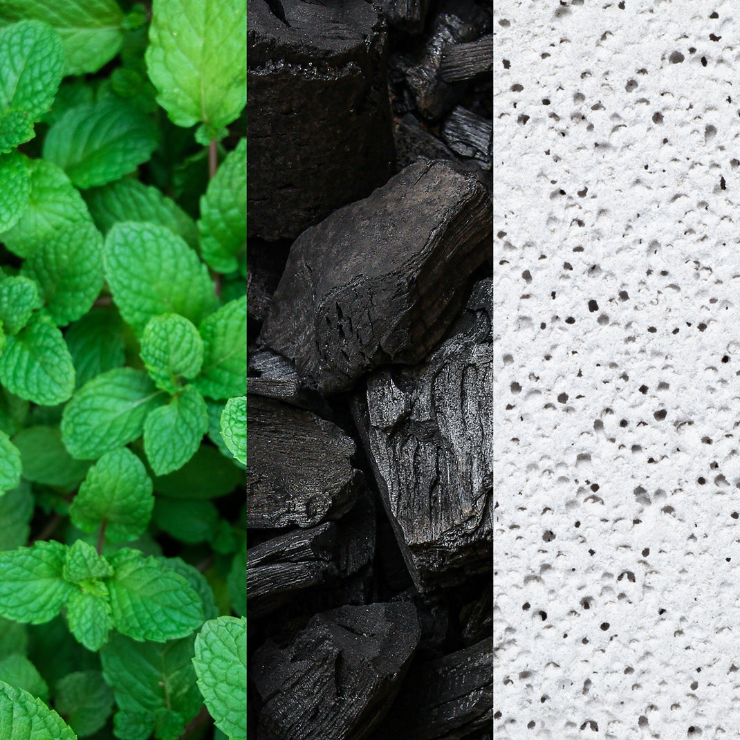 Four different textures or materials shown side by side: green leaves, dark wood, black stone, and white speckled surface.