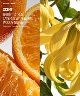 Scent profile graphic for a citrus and floral fragrance, split vertically: the left half shows close-up orange slices with white text reading 'PRODUCT NAME,' 'SCENT,' 'BRIGHT CITRUS, LAYERED WITH WARM WOODY NOTES,' and 'Cedarwood, Yangmei and Tangerine.' The right half shows large pale yellow flower petals with green leaves against a white background.