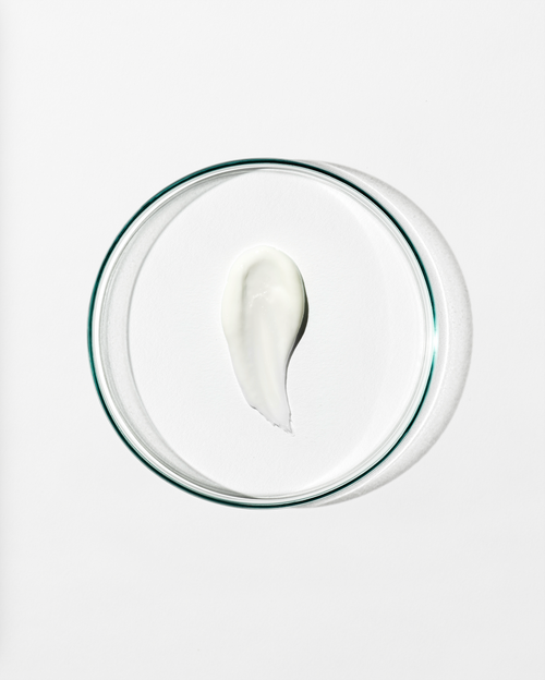 Clear dish with a dollop of white cream against a white background